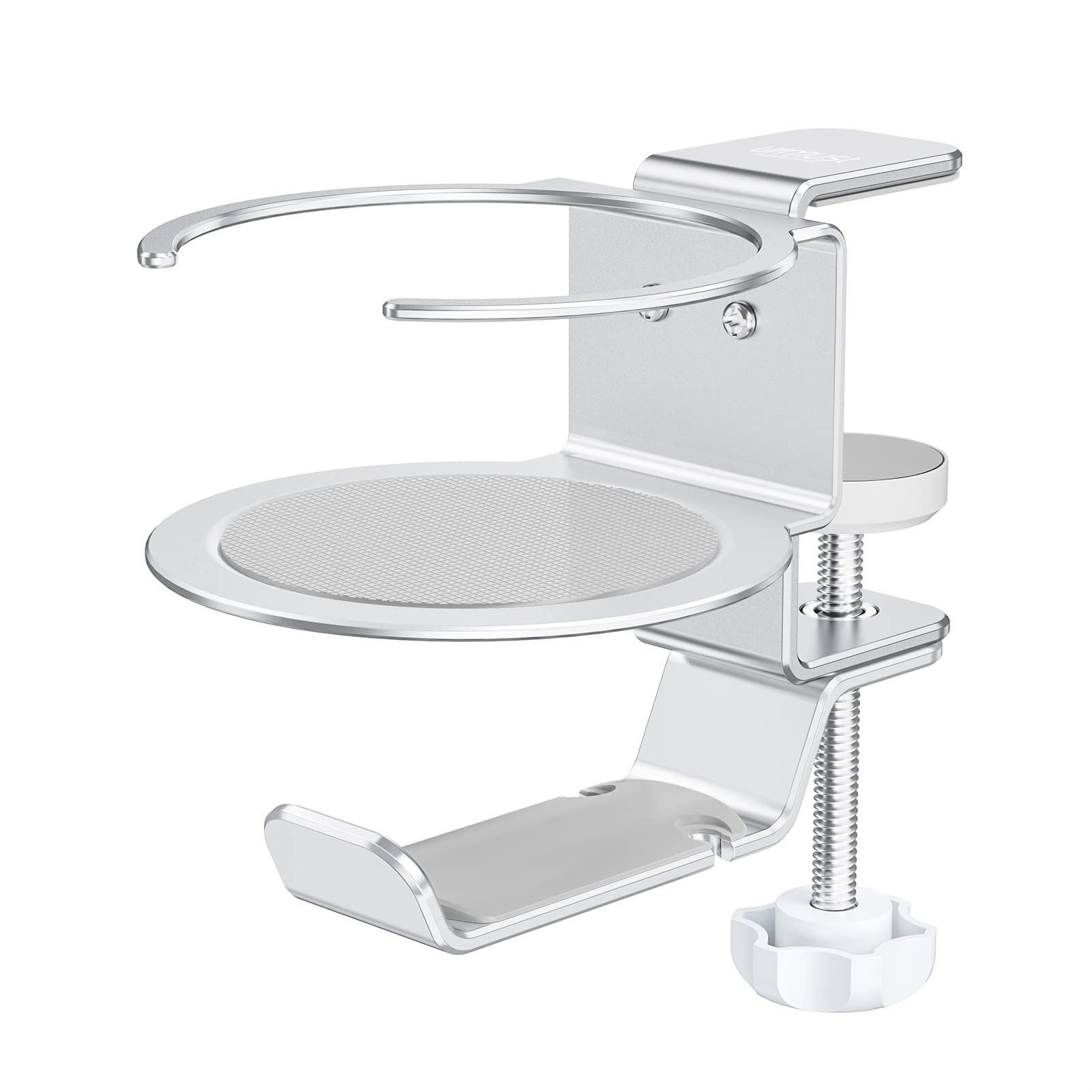 urmust Cup Holder for Desk Headphone Hanger 2-in-1 for PC Gaming, Adjustable Metal Desk Cans Holder with Rubber Pad and 360° Rotation Bracket, Universal Earphone Hanger (Silver)