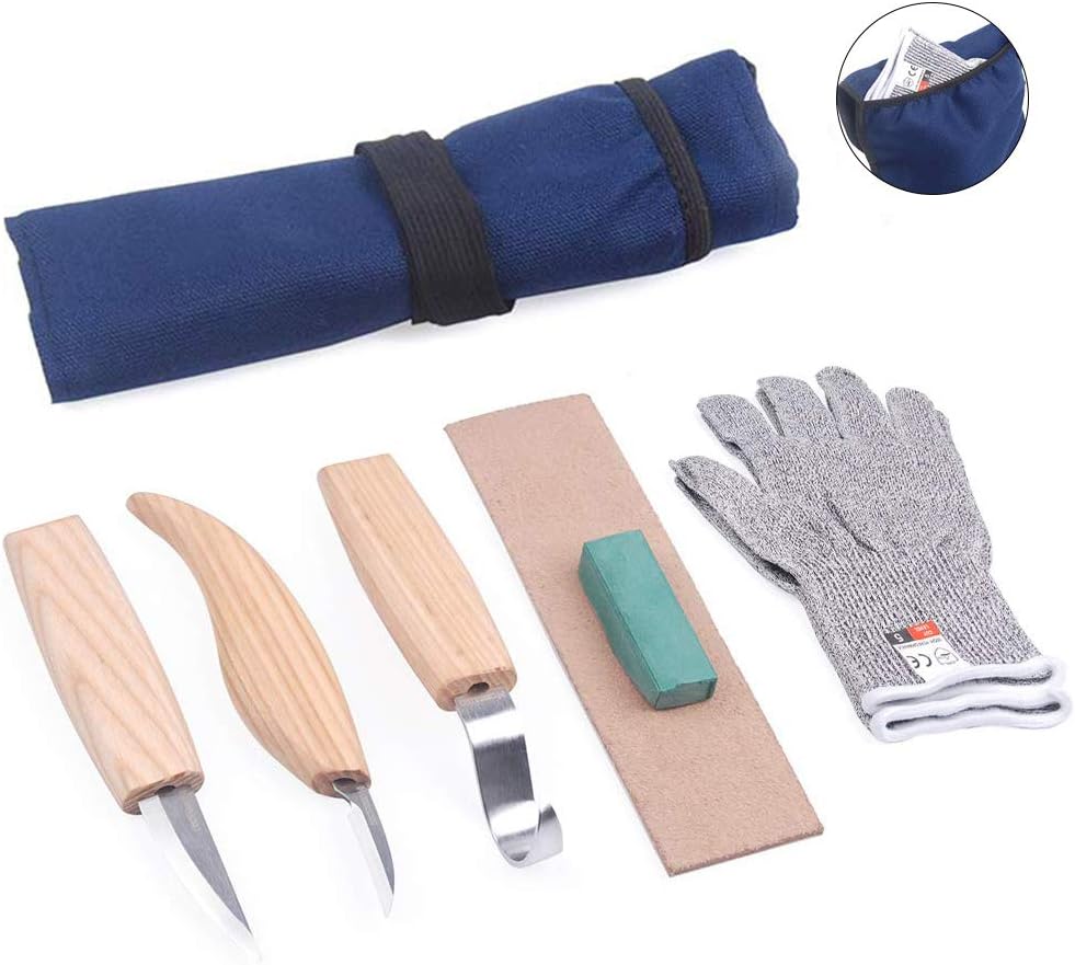Wood Carving Tools Set, Wood Carving Knife Kit in Canvas Bag, Spoon Carving Hook Knife/Wood Carving Whittling Knife/Chip Carving Detail Knife/Leather Strop/Polishing Compound/Cut Resistant Gloves …