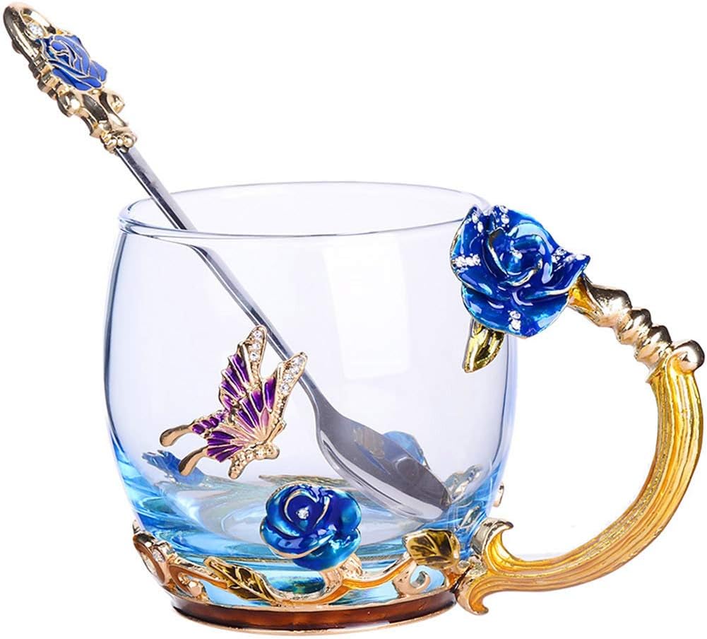 Tea Cup, Coffee Mug Cups, Glass Coffee Cups Tea Mugs 2018 Handmade Butterfly Rose,12 oz (Rose) Ideal for Friend Wedding Anniversary Birthday Presents