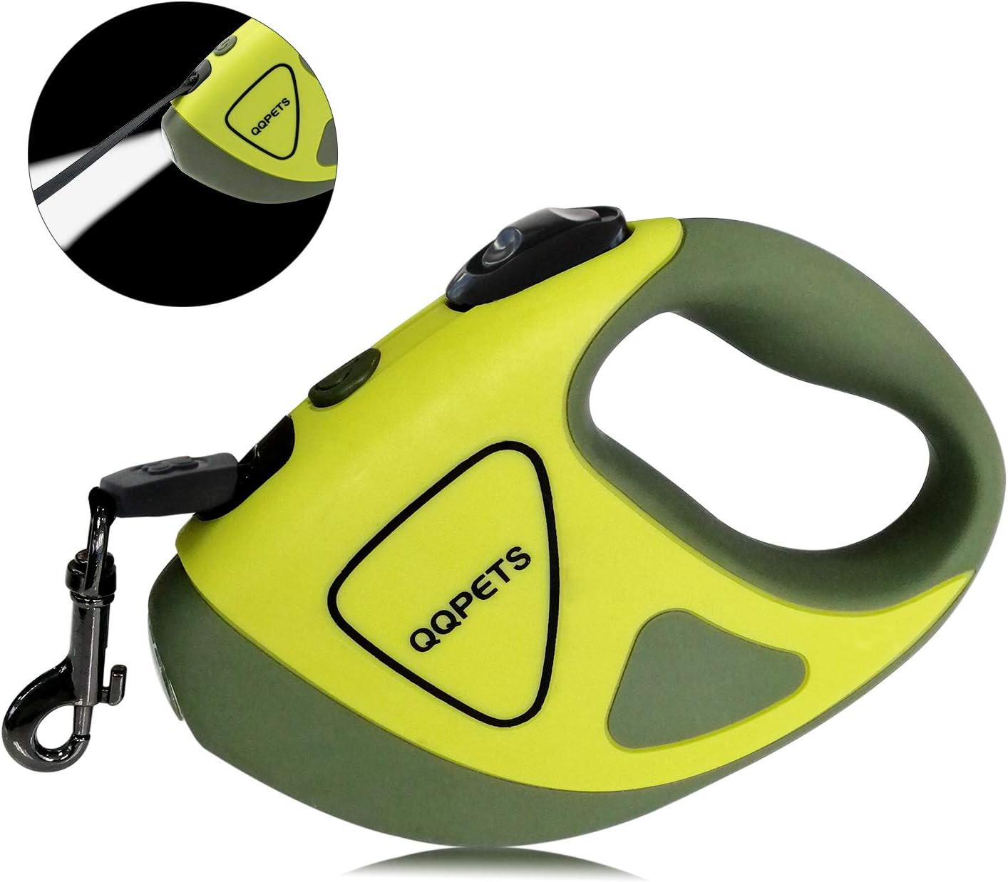 QQPETSRetractable Dog Leash with LED Flashlight for Small Medium Big Breed Dogs, 10/16 ft Extendable Leash, Heavy Duty 360°Tangle Free Nylon Cord Training Running (L (16 FT - up to 110lbs), Green)