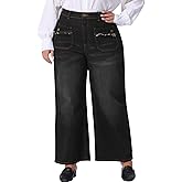 Agnes Orinda Plus Size Jeans for Women Wide Leg Washed Stretch with Pockets Palazzo Denim Jeans