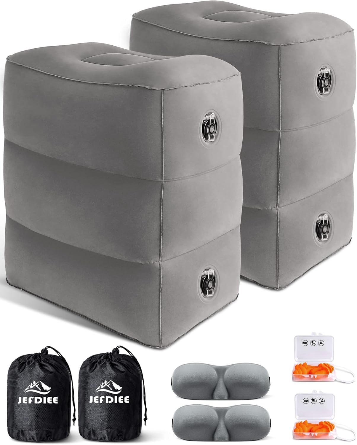 Photo 1 of **MISSING ONE FOOT REST PILLOW**JefDiee Inflatable Travel Foot Rest Pillow, Kids Airplane Bed, Adjustable 3 Layers Height Leg Rest Pillow, Adults Travel Essentials Great for Airplane, Office, Home, Trains, Cars (Grey-2pack)