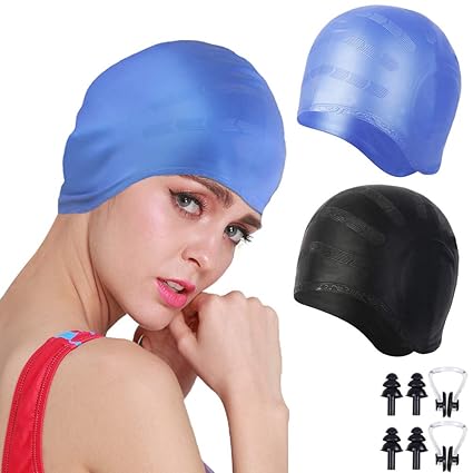  Amokee Long Hair Swim Cap 2 Pack Silicone