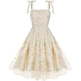 IMEKIS Women Square Neck Tie Strap Tulle Prom Dress Vintage Embroidered Floral Formal Evening Party Cocktail Dress