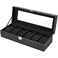 Ohuhu Watch Cases for Men, Watch Box 6-Slot PU Leather Real Glass Lid - Jewelry Organizer Storage Soft Velvet Watch Holder Display Case for Women Perfect Valentine's Day Gift
