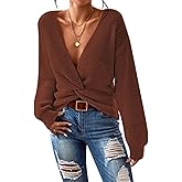 Pink Queen Women's 2025 Casual Pullover Sweaters Sexy V Neck Long Sleeve Twist Knot Cropped Knit Sweater Tops