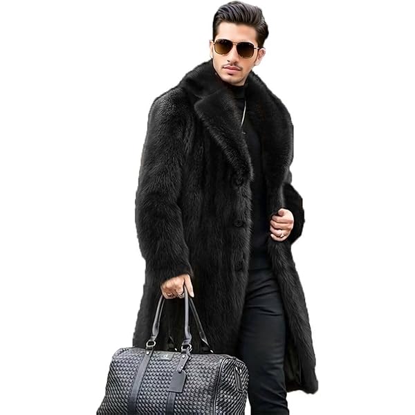 INVACHI Men's Faux Fur Coat Winter Long Faux Mink Coat Fluffy