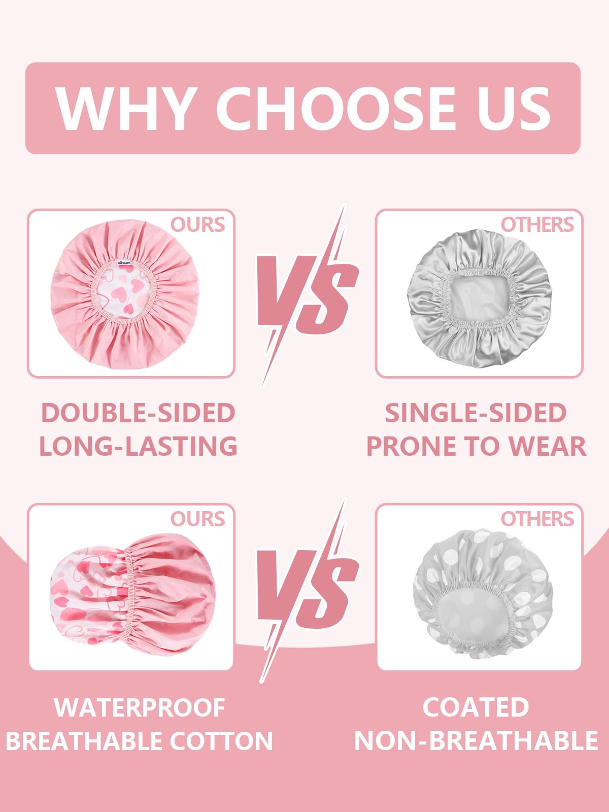 Years Calm Shower Caps For Women Reusable Waterproof，Pattern And Solid Color Dual-Layer Design For Dual-Layer Usable，Protects Hair In Shower, Spa, Cooking, Clean & Travel (Pink, One Size)