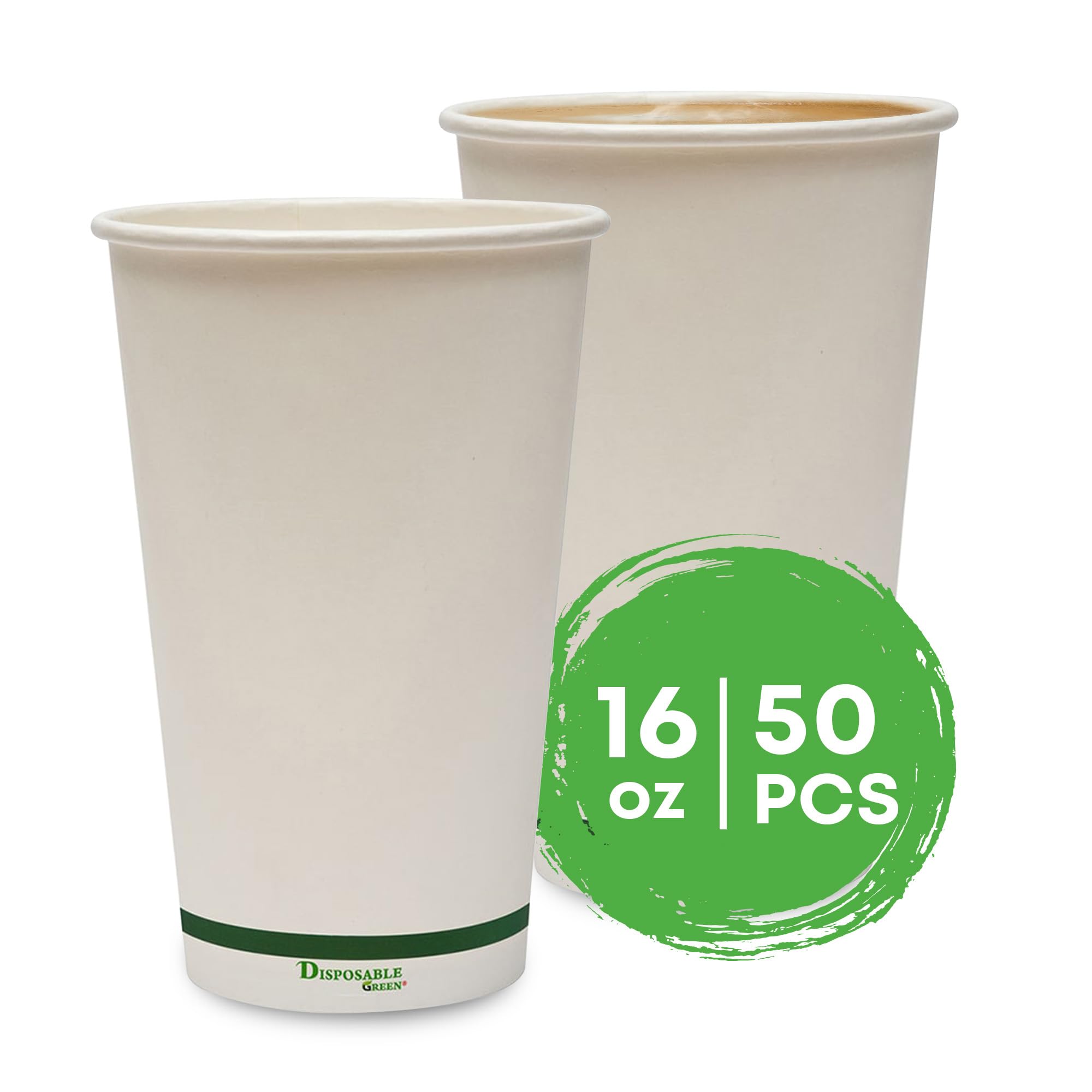 DISPOSABLE GREEN - NEXTGEN Single Wall Coffee Cups, Disposable Coffee Cups with Aqueous Lining, Takeaway Cups for Cold & Hot Drinks, Sturdy & Leak Proof Disposable Cup, 16 oz, 50 Pack
