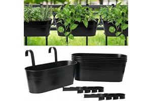 vensovo 16 Inch Railing Planter for Outdoor Plants - 5 Pack Large Metal Balcony Hanging Planters with Detachable Hooks and Dr