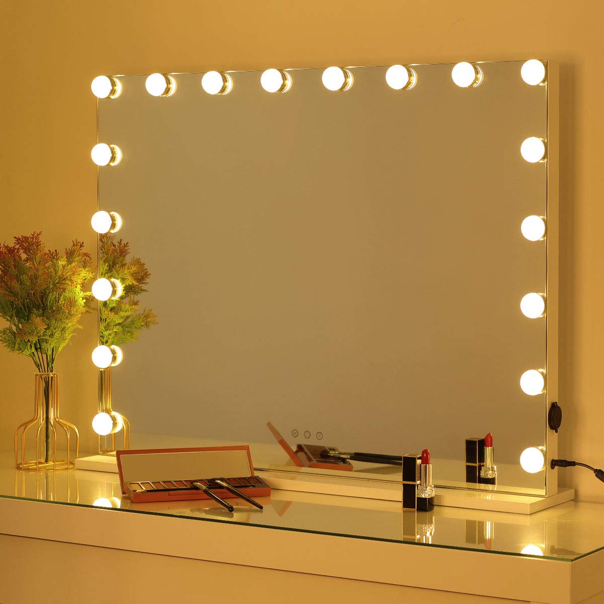 OUO Lighted Hollywood Makeup Mirror Extra Large, Smart Touch Screen Vanity Mirror with 18 Dimmable LED Bulbs, 3 Color Lighting Modes, Tabletop Wall-Mounted Mirror with USB Port, White, W31.5 X H23.6