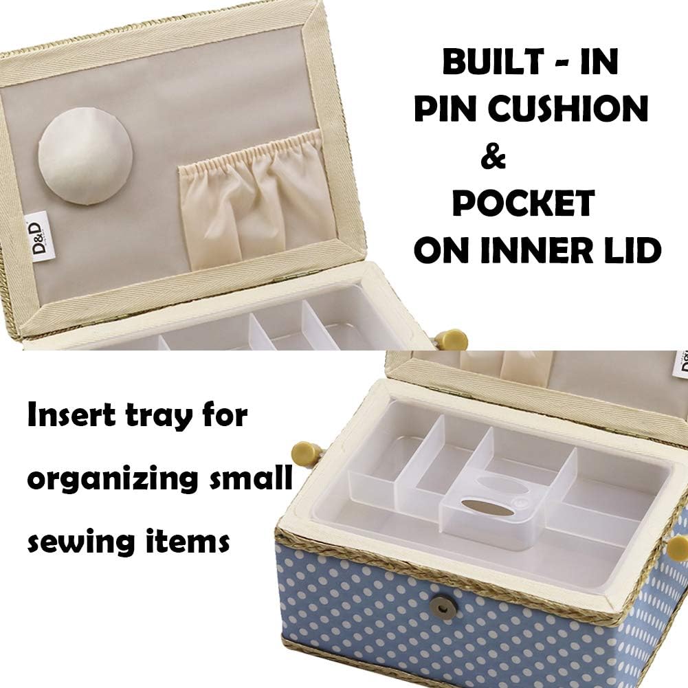 Sewing Box with Sewing Kit Accessories, D&D Wooden Sewing Basket Organizer with Accessories for Home Travel, Blue Polka Dot - Image 5