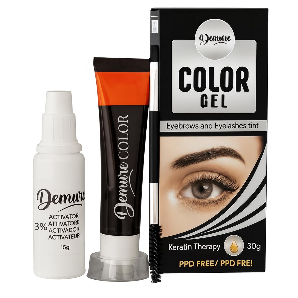 Demure Color Gel Eyelash and Eyebrow Tint, PPD Free, Ammonia Free, up to 30 Applications, up to 4 Weeks Lasting Effect, Lash and Brow Dye Kit with Keratin (1.0 Black)