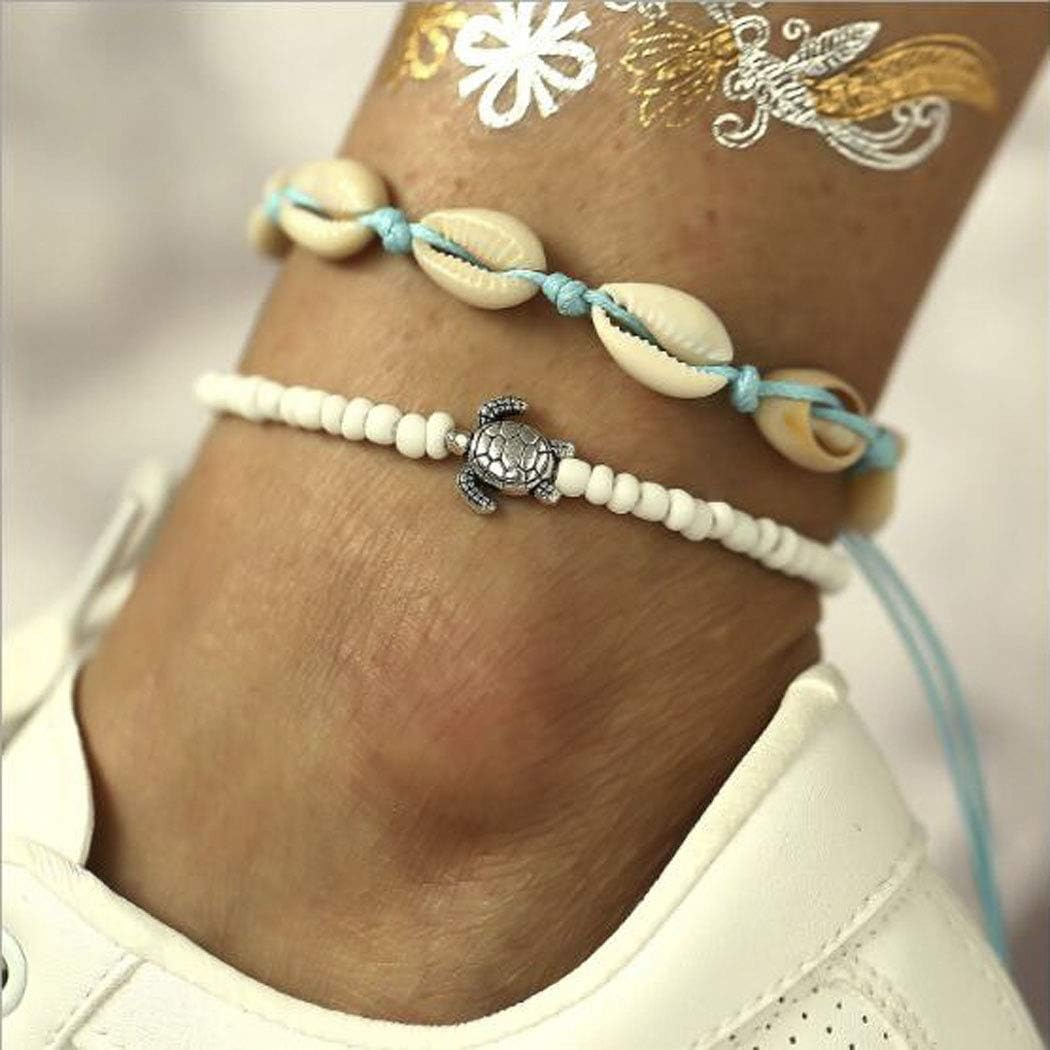 Yean Seashell Anklets Beach Turtle Anklet Bracelet Boho Foot Chain for Women and Girls (Pack of 2)