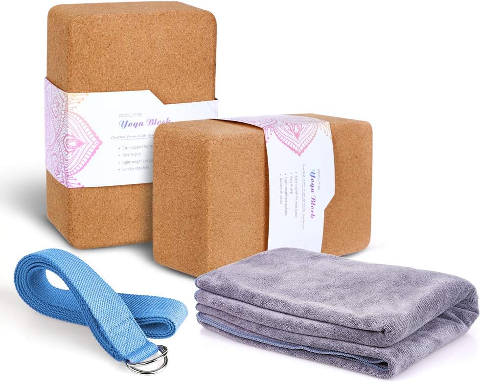 Arltb Yoga Blocks 2 Pack Cork Yoga Brick 9"x6"x4" with Metal D-Ring Yoga Strap Eco-Friendly EVA Foam Exercise Blocks Set Provides Stability and Balance