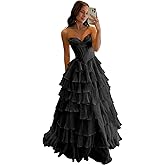 FoinLuve Ruffle Prom Dress Corset Tiered 2026 Strapless Long Chiffon Formal Evening Gown with Slit