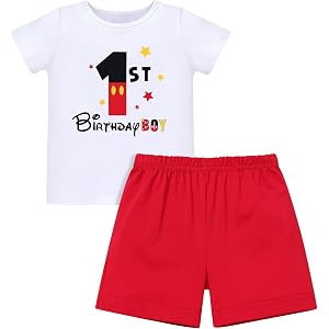 EFOWAY Baby Boy First Birthday Outfit, Cake Smash Clothing Set | Short Sleeve T-Shirt Red Shorts 1st Birthday Boy 2 Piece Set