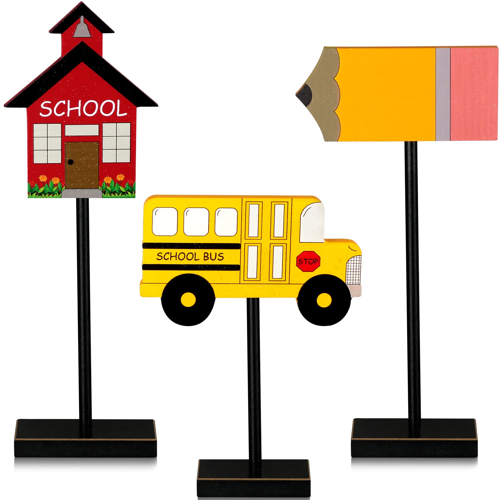 Photo 1 of 3 Pieces Back to School Wood Table Decor Farmhouse Wooden Pencil Bus House Tall Standing Rustic Wooden Centerpiece Back to School Table Topper Sign for Desk Classroom Home Decor