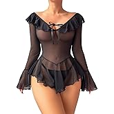OYOANGLE Women's 2 Piece Off Shoulder Long Sleeve Ruffle Mesh Sheer Nightgowns with Thongs Babydoll Lingerie Set