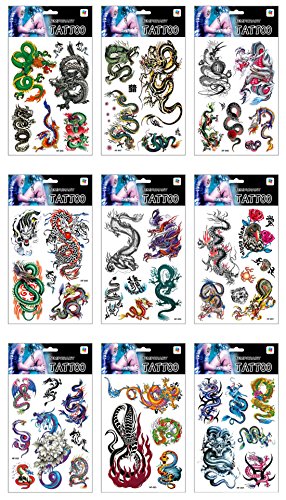 Assorted 9 Sheets Temporary Dragon Tattoos Chinese Character Waterproof Stickers for Kids Men Party Favors