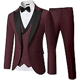 YND Men's 3 Piece Slim Fit Wedding Tuxedo Set, Peak Lapel One Button Suit Jacket, Double Breasted Vest Pants with Bow Tie
