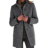 CHARTOU Women Winter Long Pea Coat Wool Blend Stand Collar Single Breast Thicken Blazer Jacket