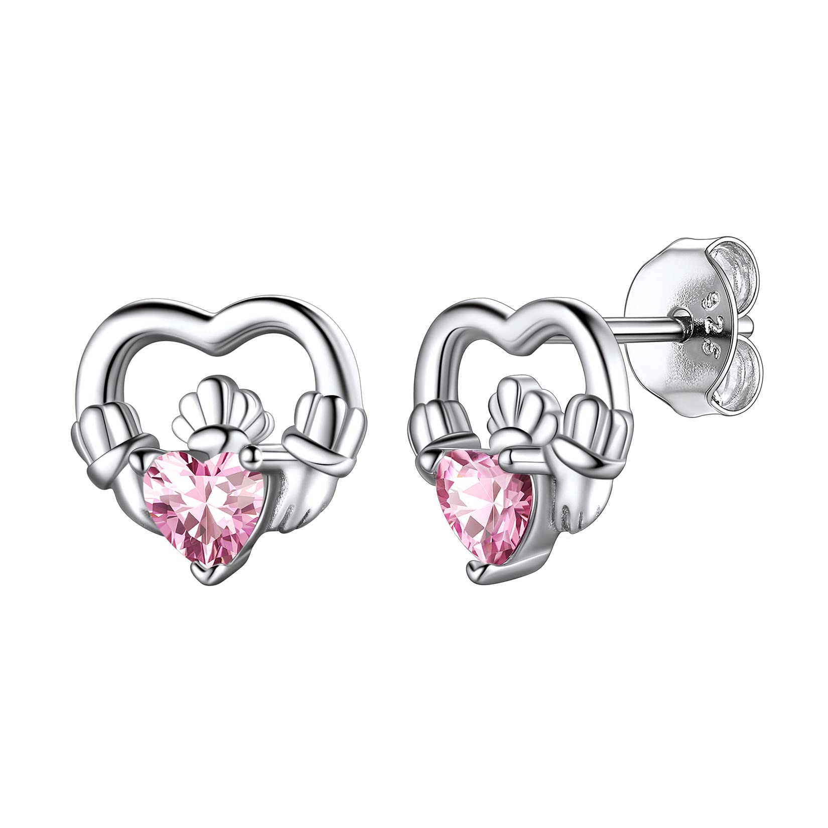 Hypoallergenic 925 Sterling Silver Claddagh Celtic Knot October Birthstone Pink Earrings, Birth Stone Jewelry Dainty Cute Stud Heart Shaped Hoop Earrings for Women Teen Girls