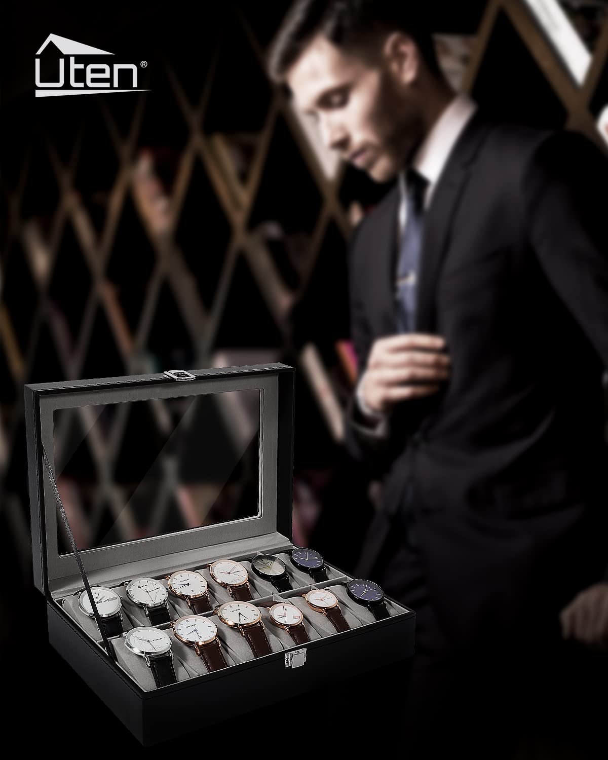 Uten Watch Box, 12 Slots Leather Watch Case, Watch Box Organizer Jewelry Storage with Large Glass Lid, Watch Display Case, Watch Box for Men & Women