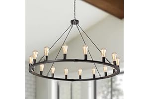 Rviezza 16-Light 48" Large Wagon Wheel Chandelier,Farmhouse Chandelier, Rustic Vintage Black Round Pendant Light Fixtures for Kitchen Island Dining Living Room Foyer Entryway