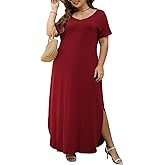 Nemidor Plus Size Maxi Dresses for Curvy Women Casual Summer Slit Loose Short Sleeve Long Dress with Pocket 14-26