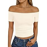 Trendy Queen Summer Off The Shoulder Tops for Women Going Out Short Sleeve Shirts Cute Y2K Sexy Basic Clothes 2026 Fashion