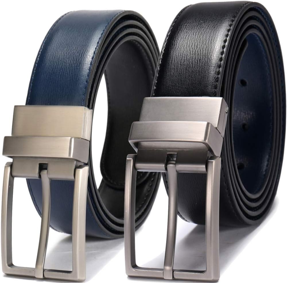 XZKTCMG BeltMen Reversible Belts For Men Formal Business Leather Revolvable Buckle Belt With Double Side 3.4 CM Belts Big and Tall,Blue,125cm (Waist 110cm)