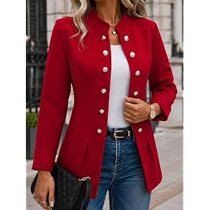 Women's Button Blazer Jacket Collarless Open Front Elegant Fitted Fashion Casual Work Coat