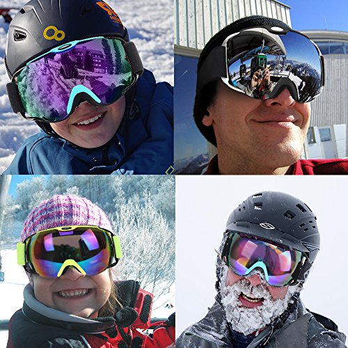 MeeQee Ski Goggles, Snow Sports Goggles Over Glasses for Men & Women, Anti-fog 100% UV Protection Ski Glasses Helmet Compatible Snowboard Goggles with Detachable Lens & Strap - Brown REVO Mirror Green - Thumbnail 5