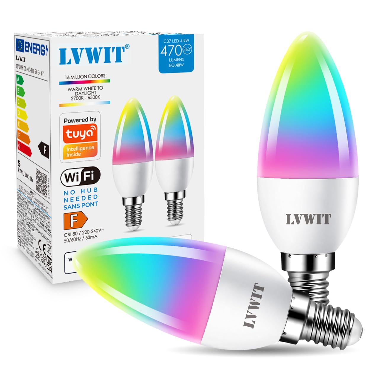 LVWIT E14 Screw Smart Bulb,4.9W Smart Candle Bulbs Alexa,470Lm,Replace 40w Screw Smart Bulb Compatible with Alexa,Echo and Google Assistant,Remote Control by APP,220-240V, No Hub Required (2 PCS)