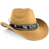 Cowboy Hat for Women and Men, Mens Western Cowboy Hats with Bull Head Womens Retro Vintage Jazz Hat Solid Color Cowgirl Hats (US, Alpha, Medium, Khaki 1)