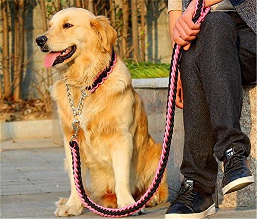 KYZ Extremely Durable Dog Braided Rope Leash Hight Quality Strong And Comfortable Dog Leash With Collar black&amp;pink L