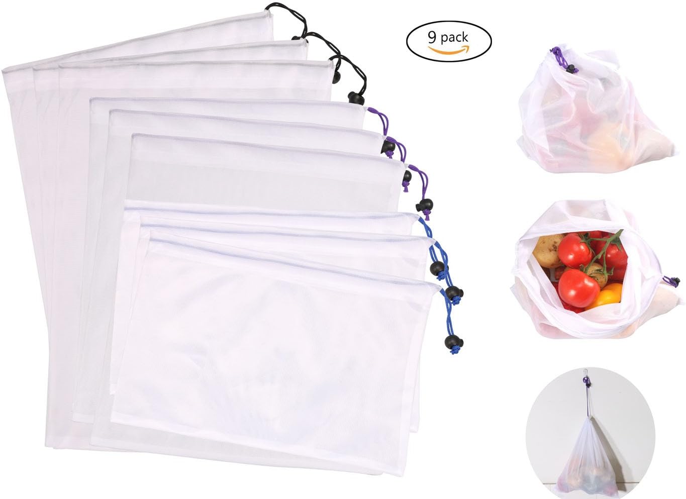 OMALOO Reusable Produce Bags Mesh Bags Washable Eco Friendly Grocery Shopping Storage Bags for Fruit Vegetable Toys, 3 Large * 3 Medium * 3 Small (Set of 9)