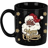 Black Santa Christmas Mug, Merry Christmas Coffee Mug, 11oz African American Drinking Cup, Holiday Party Cups for Table Decorations, Funny Xmas White Elephant Gifts for Women Men Coworkers