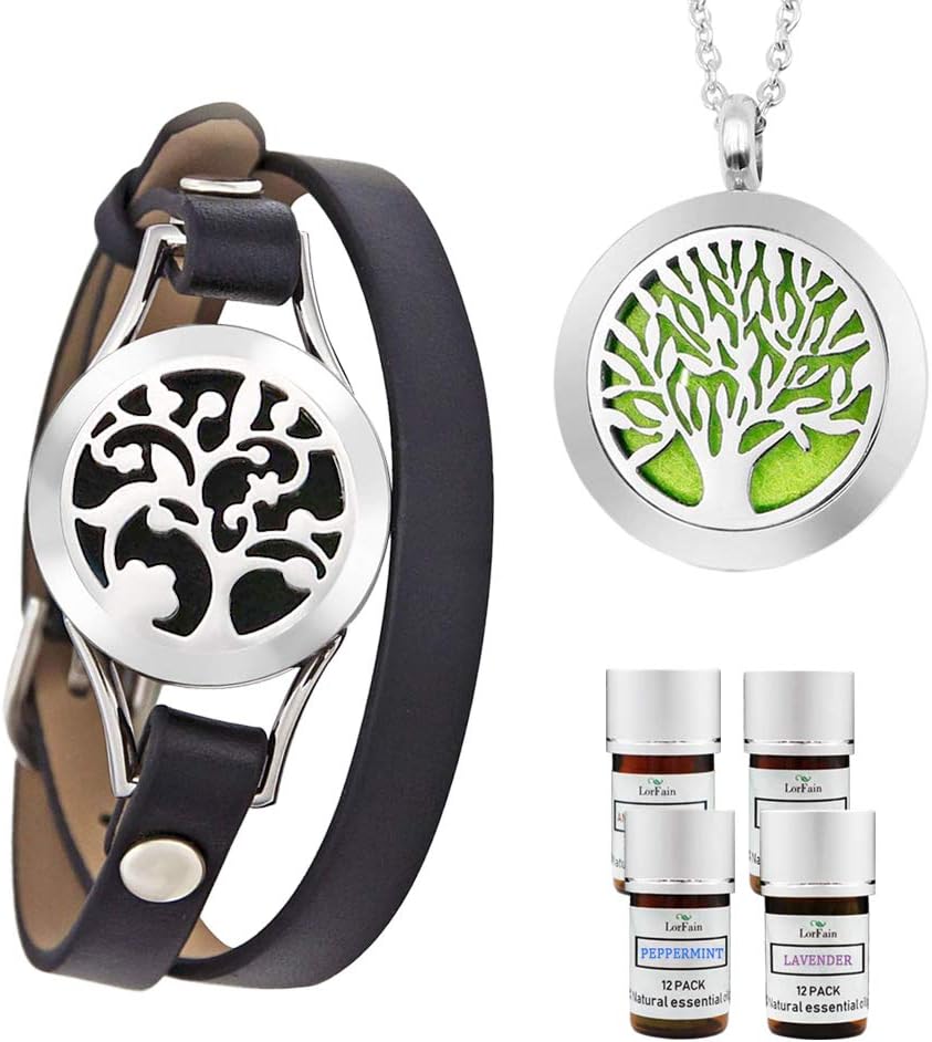 LorFain Essential Oil Bracelet and Necklace, Stainless Steel Aromatherapy Pendant Locket Bracelets Leather Band with 48 Pads in 4 Scents, Girls Women Jewelry Gift Set