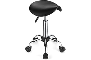 FNZIR Saddle Rolling Stool with Wheels PU Leather Height Adjustable Swivel Stool Chair Black