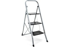 Delxo Non-Slip 3 Step Stool Folding Sturdy Steel Wide Step Ladder with Hand Grip and Locking Mechanism for Indoor Household Kitchens, Gray