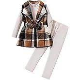 LFIYSWYD Kid Girls Clothes 3 Piece Outfits Plaid Flannel Belted Vest & Long Sleeve Top and Pants- Fall Clothing Sets