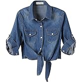 American Trends Women's Denim Shirt 3/4 Sleeve Tie Front Top Knot Chambray Cardigan Button Shirt Jean Crop Top Jacket