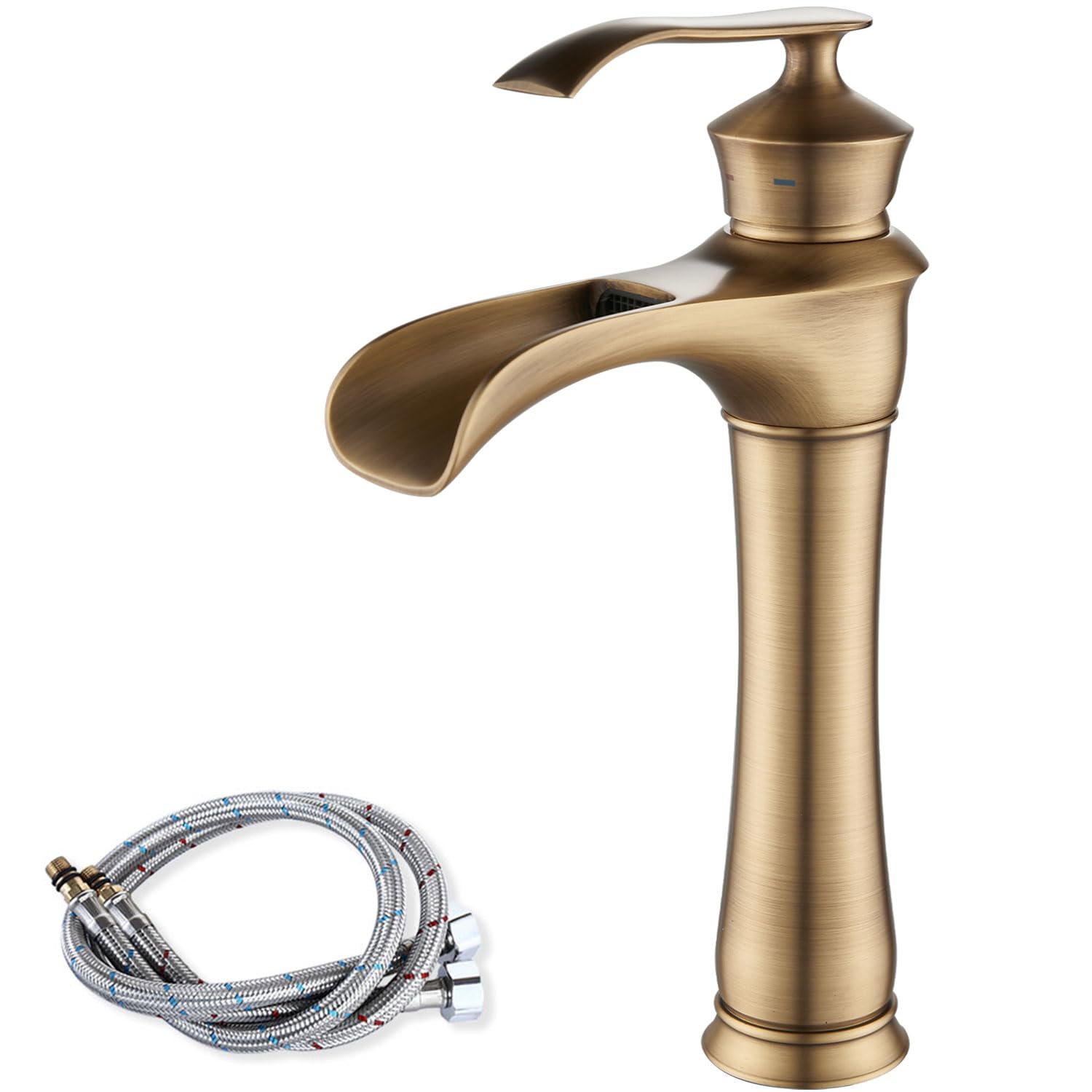 Maynosi Waterfall Bathroom Basin Mixer Tap, High Rise Mixer Taps for Counter-top Basin, Tall Retro Sink Faucet with Wide Spout, Single Lever Durable Brass tap with Flexible Hoses (Antique Brass)