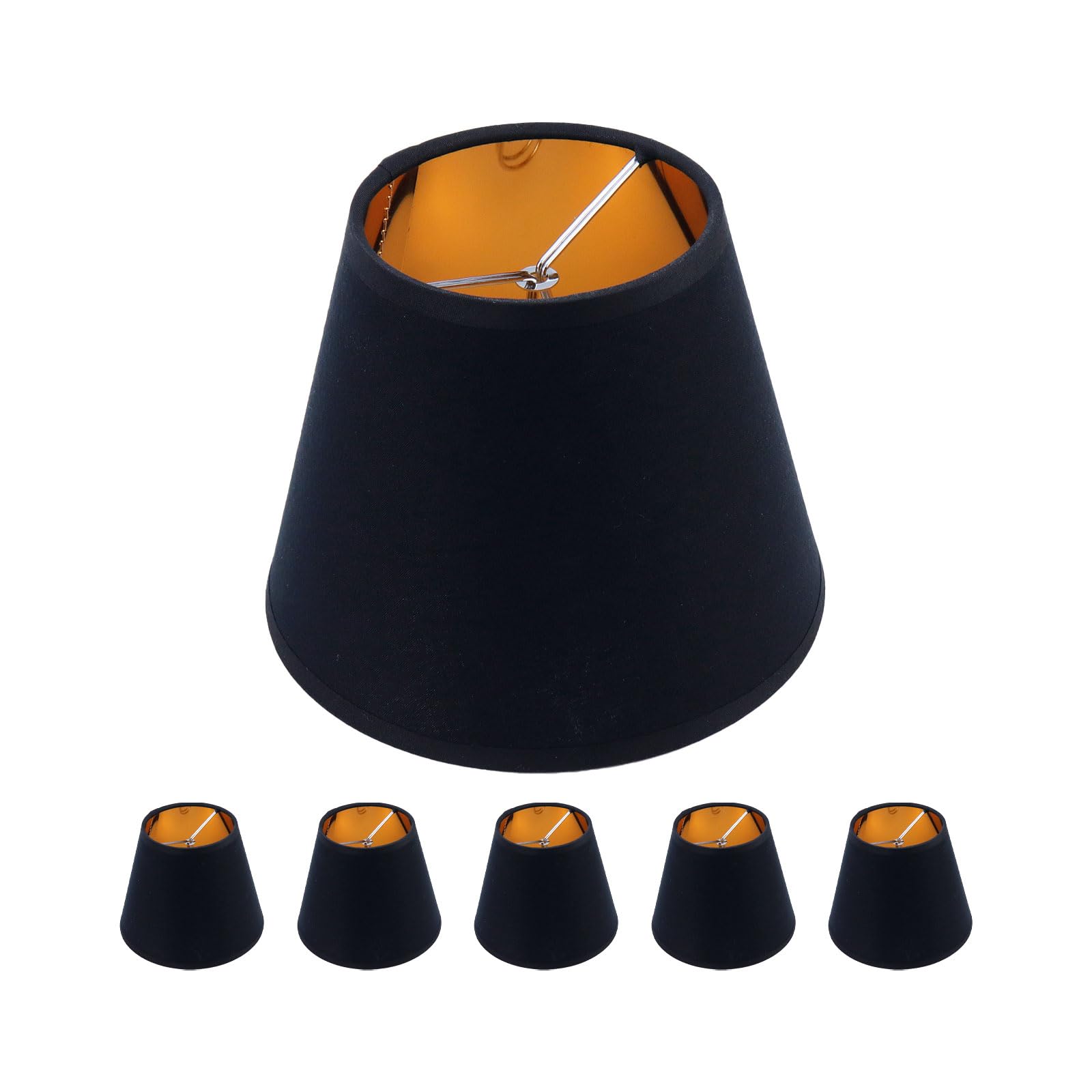 Photo 1 of Tsnamay 6Pcs Chandelier Shade for Candelabra Bulbs, Clip Mount Shade, 3.54" X 5.9" X 4.72" Small Lamp Shades Set of 6 for Chandelier Table Lamps Hallway Lamps,Black&Gold