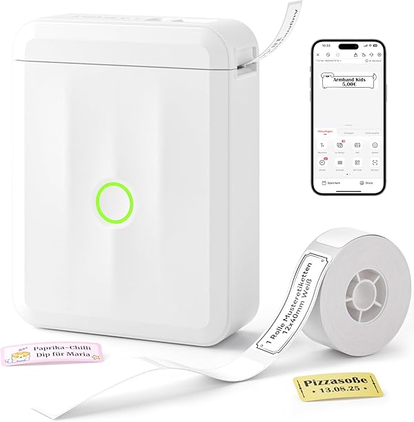 NIIMBOT Etikettendrucker D110 Upgrade, Mini Bluetooth Etikettiergerät Beschriftungsgerät Selbstklebend, Tragbares Sticker drucker Label Printer mit iOS Android, Geeignet für Zuhause Schule Büro, Weiß