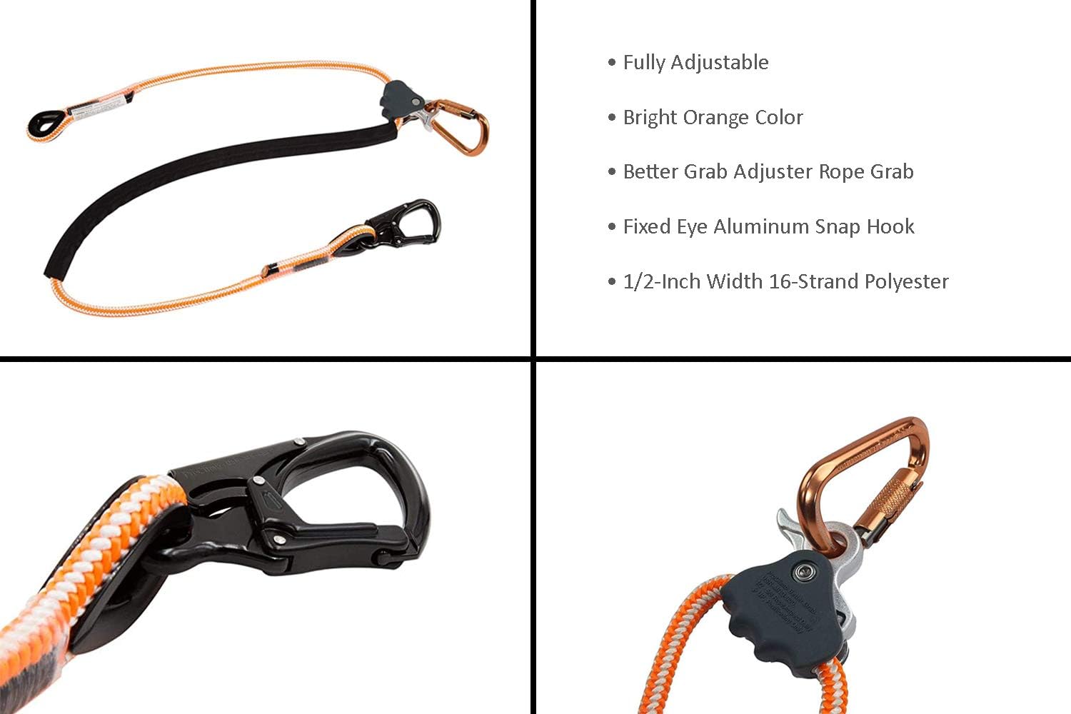 Pelican Rope Positioning Lanyard with Aluminum Snap Hook (1/2 inch x 8 feet) – Polyester Rope, Adjustable Lanyard, for Fall Protection, Arborist, Tree Climbers - - 