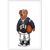 Trendy Bear Canvas Wall Art Funny Bear Playing Basketball Poster Minimalist Abstract Animal Magazine Pictures Prints Painting For Home Bedroom Dorm Apartment Wall Decor 8x12in Unframed