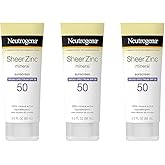 Neutrogena Mineral Sunscreen Sheer Zinc Oxide Dry-Touch Lotion, Broad Spectrum Sunblock SPF 50, Water Resistant Sunscreen For Sensitive Skin, 3 fl. oz, 3 Pack